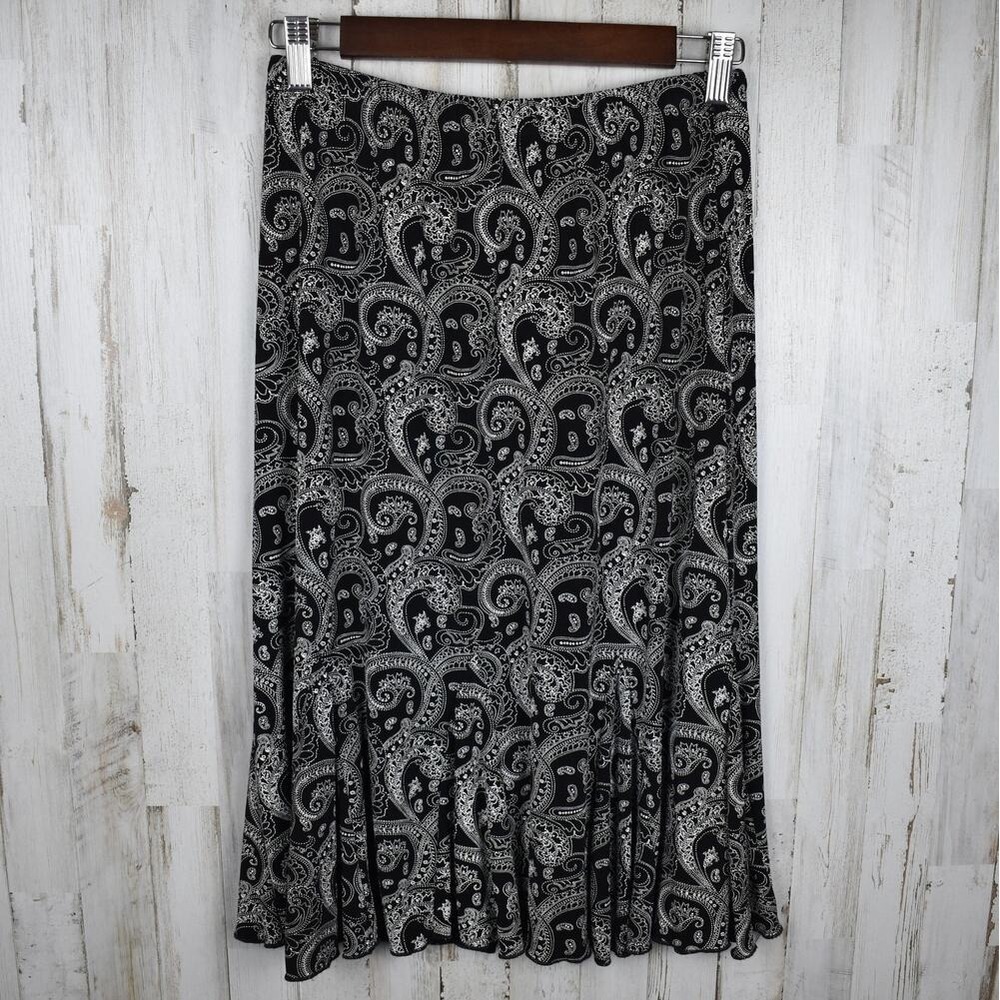 Vintage Black Paisley Midi Skirt Women's Small S Flowy Western Boho Drapey Y2K